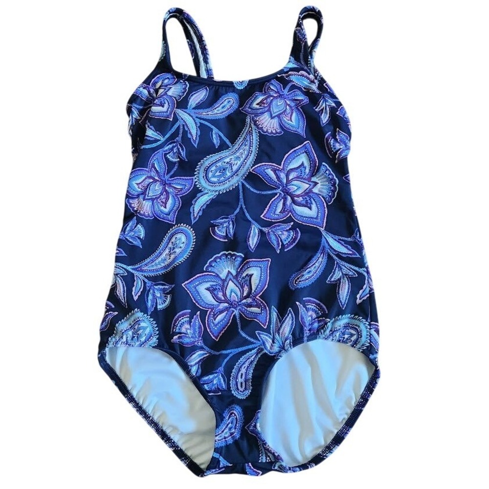 Lands End Women 6 One Piece Swimsuit Navy Blue Floral Paisley Scoop Neck 412